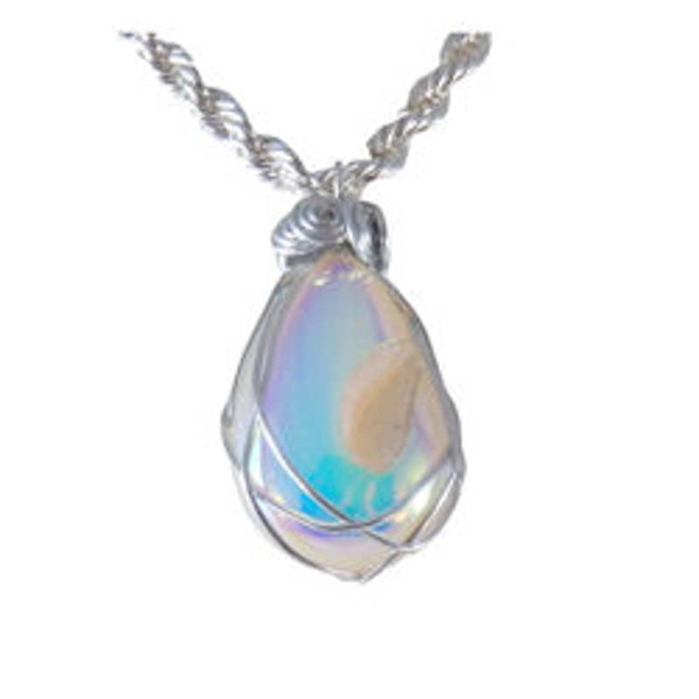 Wire Wrapped White Druzy Quartz Necklace 1659